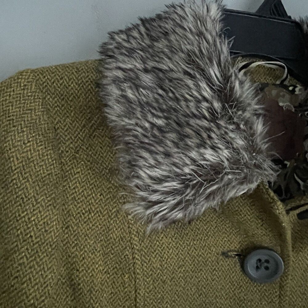 Free People Pea Coat Wool Silk Faux Fur Collar Women's Sz 10 Green Tweed Ribbon - Picture 5 of 16